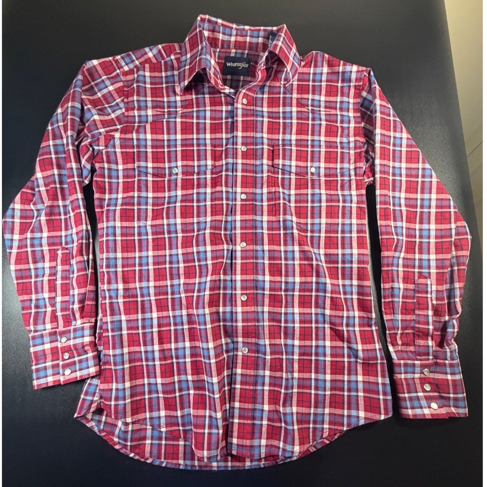 Wrangler Mens Red Blue Plaid Long Sleeve Pearl Snap Western Shirt Medium K15